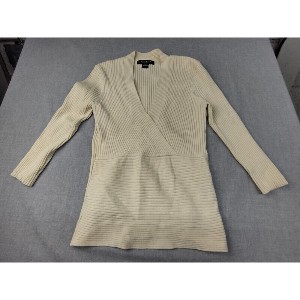 Cest City Women's Beige V-Neck Long Sleeve Ribbed Knit Sweater Medium USED